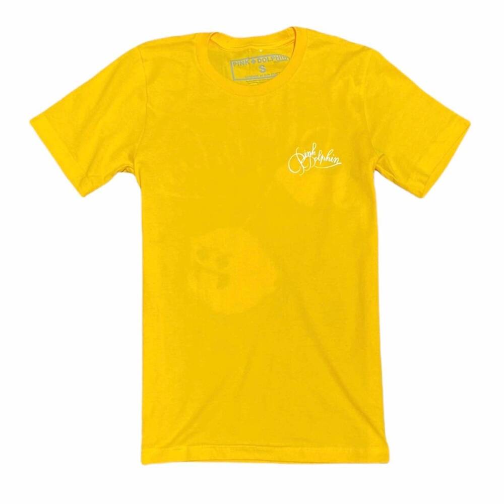 NEW PINK + DOLPHIN men's cherry script tee in gold